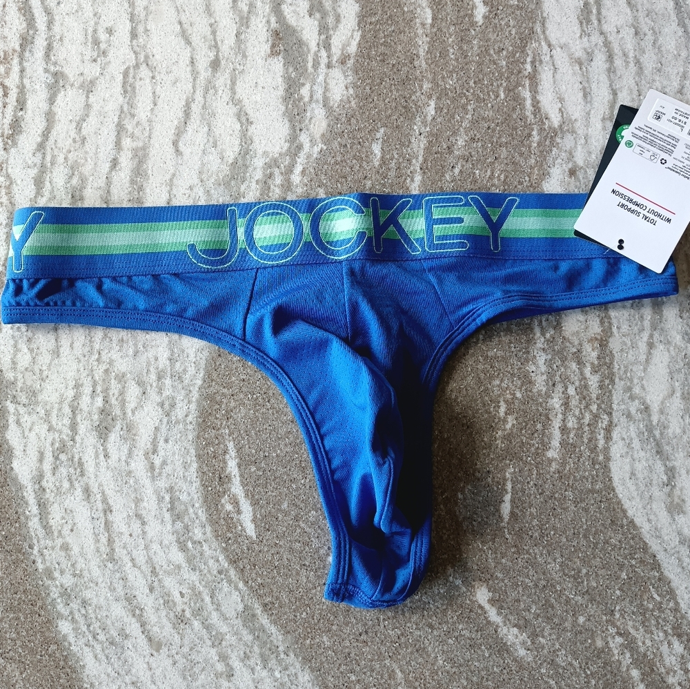Jockey Blue Men's Thong with Green & White Striped Waistband